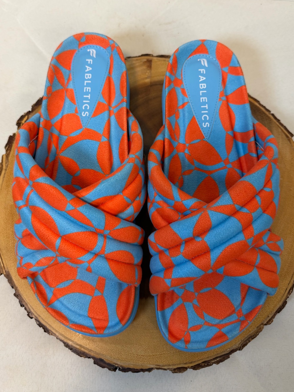 Fabletics Slip On Terry Criss Cross Slides Orange Blue Quilted Pattern Size 10